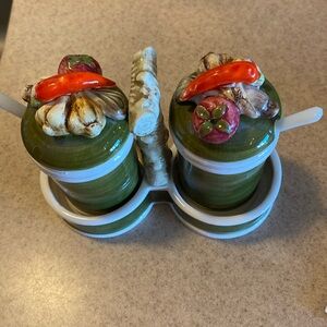 COPY - Vintage 1970s Arnat Garden Harvest hand painted condiment dish with spoo…